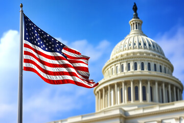 Close-up of the United States Capitol Building with an American flag waving in front