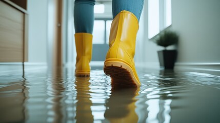 Person in yellow boots walking through flooded hallway, inspecting water damage after a leak.