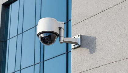 A security camera, part of a cctv surveillance system, is mounted on a building wall for electronic monitoring and protection