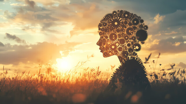 Silhouette of person with brain made of gears, symbolizing creativity and innovation. image captures essence of thought and imagination in modern setting. Thought Core. Illustration