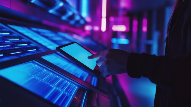 Person uses tablet to monitor server rack. Tech pro analyzes server data. Server room blue lights. Focused work environment. Digital tech tools. Modern data center. Person conducts analysis. Hands on