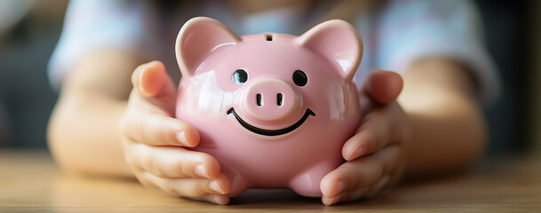 Close-up of hands holding a piggy bank on a table, a pink ceramic money box with a smiley face for a young child's savings, in a stock photo style, with the focus on the hands.