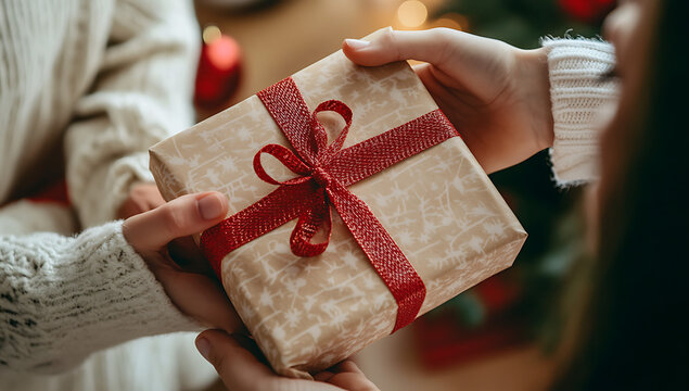 Close-up of hands exchanging gifts, with one person handing over wrapped present to another during special event at home.