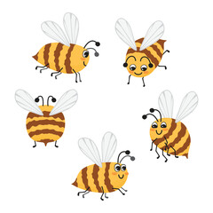 Cartoon Honey Bee set. Funny animal haracters with eyes, wings, paws, antennae. Cute flying insects yellow with brown stripes, from different angles. Vector designs for cards, patterns, stickers.