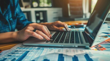 Close up of hands typing on a laptop with financial charts and graphs on the table in an office setting