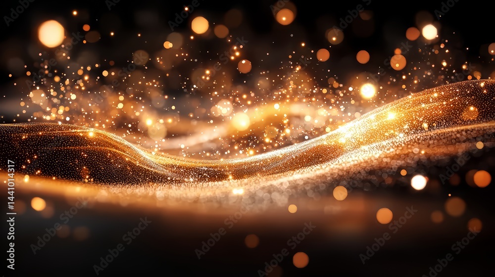 Poster The image is a blurry, glowing, and colorful depiction of a wave. The waves are made up of small, glowing dots that create a sense of movement and energy. Scene is dynamic and lively