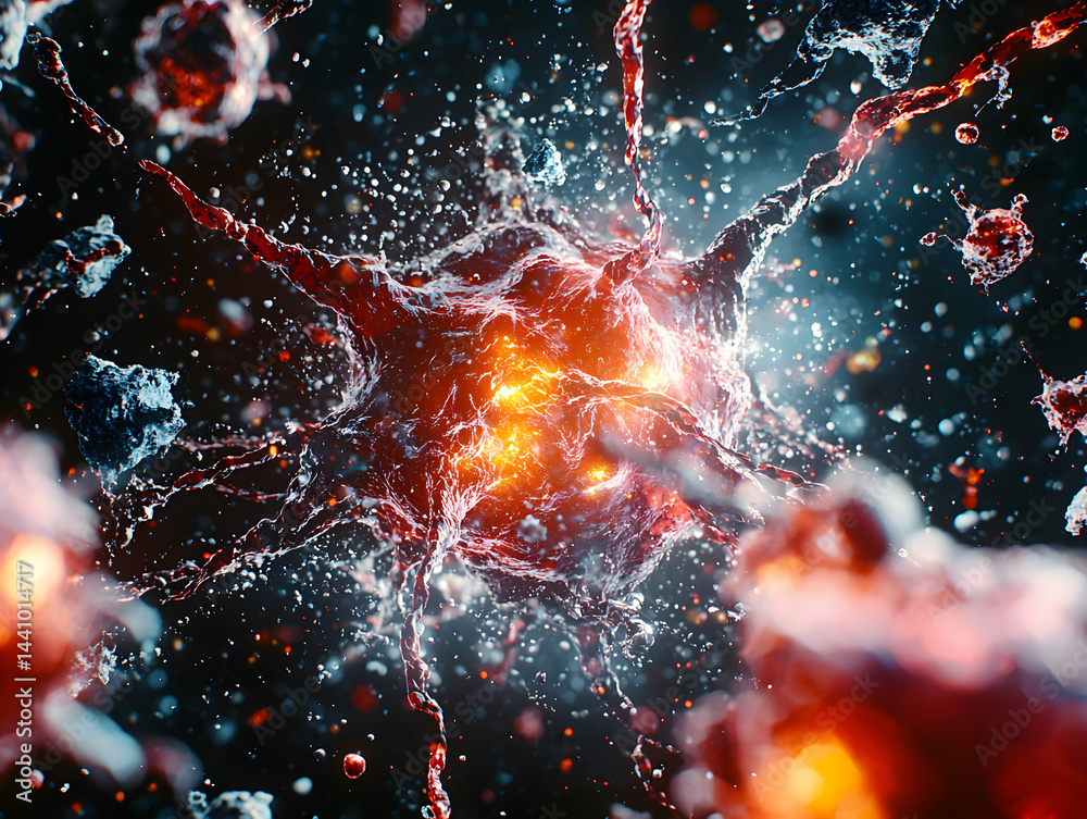 Poster abstract cellular structure image shows a vibrant glowing core radiating outward creating a dynamic 