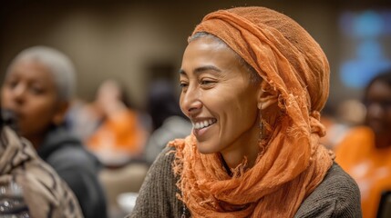 A woman wearing an orange scarf is smiling