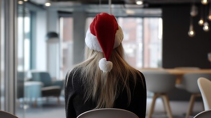 Woman wearing Santa hat waits for job interview in festive office  
