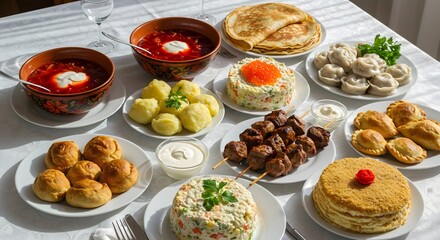 A beautifully arranged spread showcasing various traditional Russian dishes on a white table.