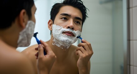 An asian man shaves his face while looking into the bathroom mirror for a clean shave.