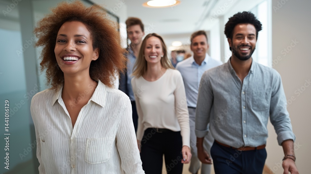 Poster a vibrant group of professionals beams with positivity as they stroll through a contemporary office 