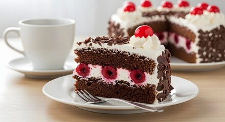 A tempting slice of black forest cake with cherries and fresh whipped cream.