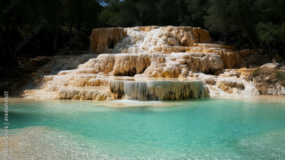 Poster waterfall is flowing into a body of water. the water is clear and blue. the waterfall is surrounded 