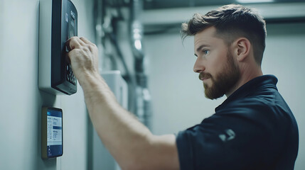 Man Interacting with Electronic Control Panel