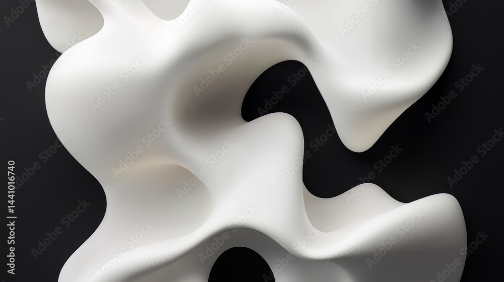 Poster white sculpture with a black background. the sculpture is abstract and has a lot of curves. it looks