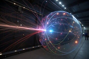 Vivid Energy Nexus: Intricate network of energy and particle dynamics. A sphere of radiant light is at the epicenter of a captivating, science-inspired composition.
