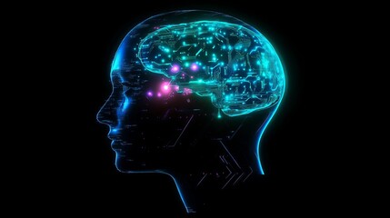 Obraz premium Digital Human Brain Artificial Intelligence Circuitry Neural Network Technology Futuristic Abstract Design Glowing Lines Bright Blue Neon Purple Pink Cybernetic Mind Concept Innovation data idea power