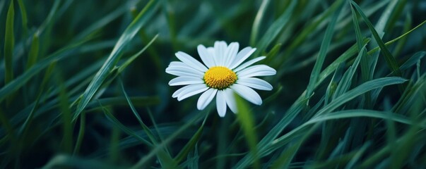 Single daisy in a field of grass.