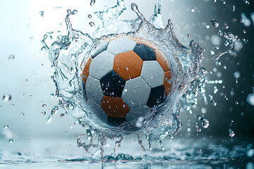 Dynamic Splash, A Highly Detailed Realistic Depiction of a Soccer Ball in Motion, Surrounded by Splashes of Water, Evoking Energy and Excitement