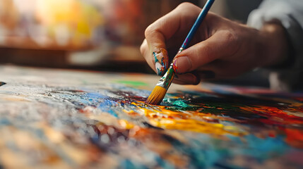 A bright art therapy space where individuals are using vibrant colors and energetic strokes to channel their emotions and achieve mental clarity.