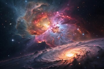 Fototapeta premium Celestial Tapestry: A vibrant and expansive view of the cosmos, where nebulas swirl and stellar formations explode with color and light.