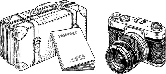 Vintage travel set with suitcase, camera, and passport engraving design for retro adventures