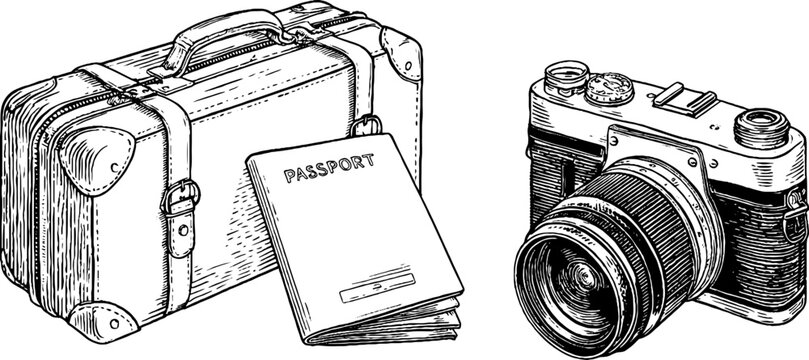 Vintage travel set with suitcase, camera, and passport engraving design for retro adventures