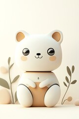 Naklejka premium Creative AI robotic icon flat art design for digital innovation. Cute and playful bear figurine surrounded by minimalistic leaves, perfect for children's decor or playful aesthetics.