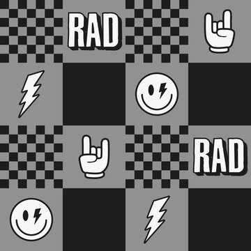 Rad, lightning bolts, smile faces, and rock hand signs with a checkered background. Seamless repeat pattern. 