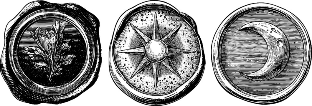Engraved symbols set featuring caput mortuum, floral, star, and crescent designs for art projects