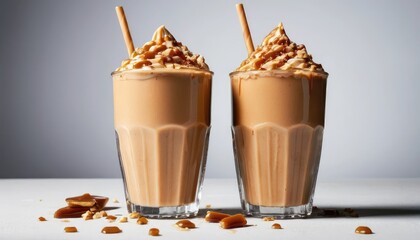 Delicious cold ice cream with shrimps and a fresh mint leaf in a glass cup is a bizarre food combination