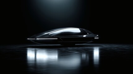 Futuristic and sleek black vehicle design in a studio setting, highlighted by a single, focused light source. The design of the vehicle has a futuristic and streamlined look.