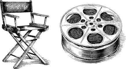 Vintage film and cinema elements: director's chair and film reel illustration