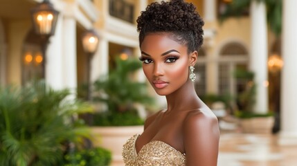 Gorgeous woman with elegant updo and glamorous makeup