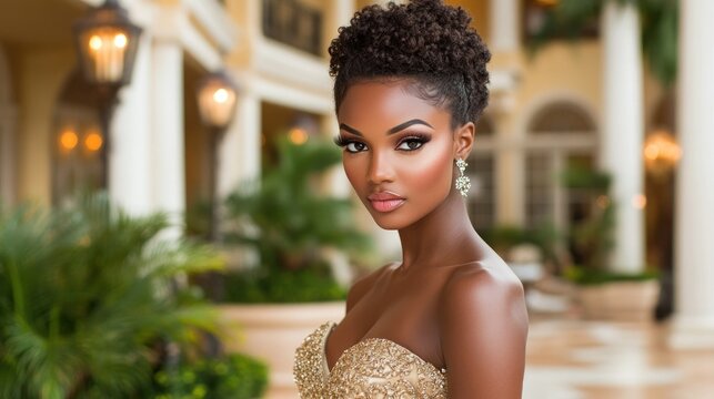 Gorgeous woman with elegant updo and glamorous makeup
