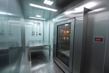 Brightly lit stainless steel room features a glass door, a large table, and is designed for food storage in a commercial kitchen setting, showcasing modern design elements