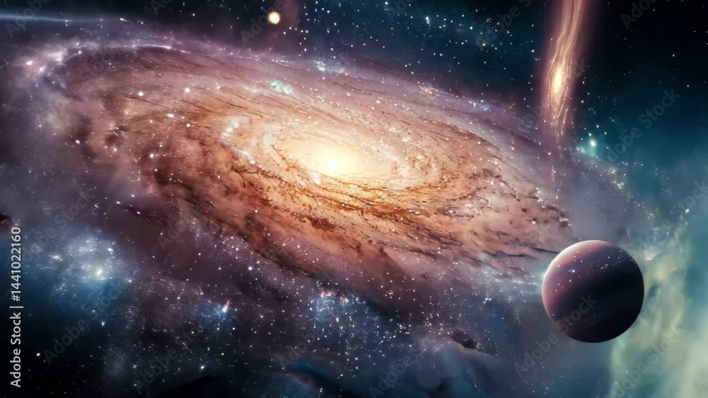 Poster stunning view of a spiral galaxy with vivid colors and surrounding celestial bodies in deep space
