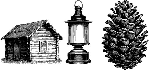 Naklejka premium Vintage engraved illustration of forest cabin, lantern, and pinecone for rustic design