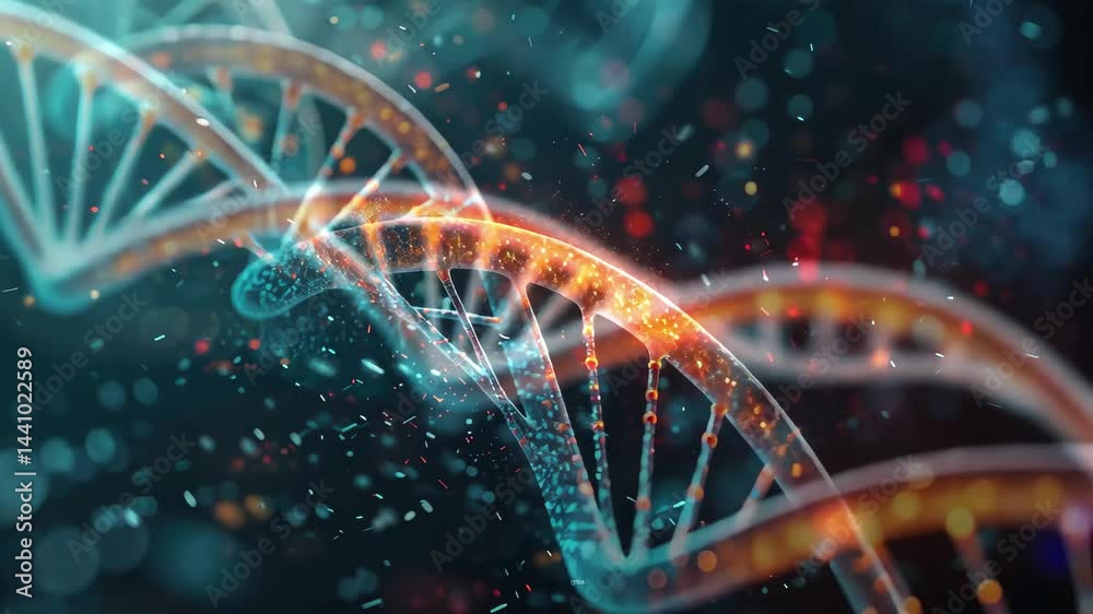 Poster Scientific exploration of DNA structure with vibrant colors and sparkling effects in a 4k resolution background