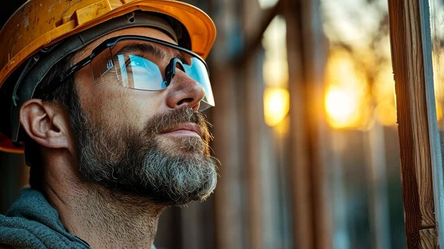 Construction Worker with Hard Hat at Sunset
