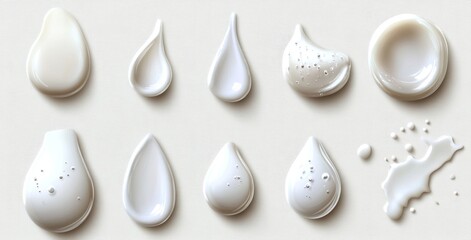 Realistic 3D illustration of white cream droplets and clear coconut oil cosmetic drops in a modern set, with a closeup view isolated on a transparent background, highlighting a glossy yoghurt melt