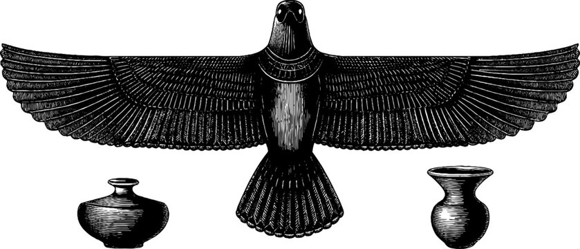 Engraved illustration of nephthys with vulture wing and ceremonial vessels for design use