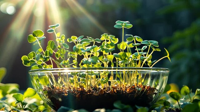 Microgreens Growing in Glass Bowl with Sunlight
