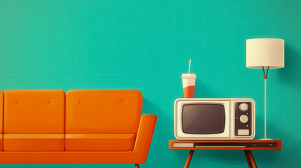 Fototapeta premium Orange sofa with television and lamp on table near wall