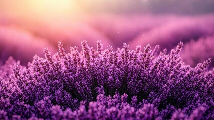 Fototapeta premium Purple lavender field blooms under warm sunset light
