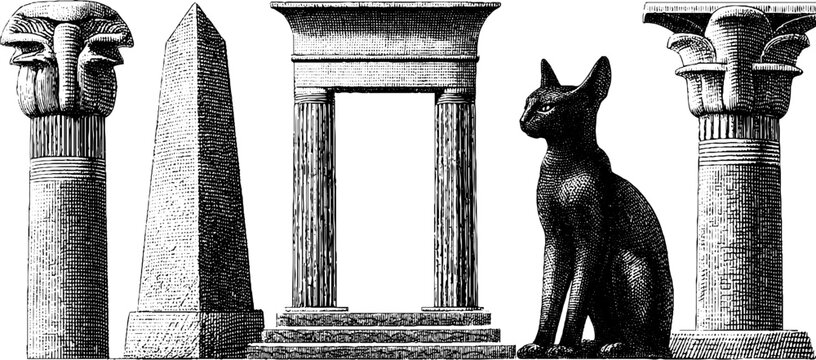 Ancient egyptian symbols and architecture featuring bastet cat and sistrum