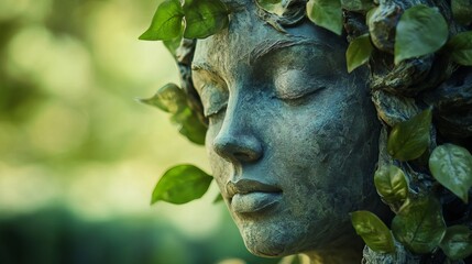 Fototapeta premium Serene Stone Woman Statue Nature Green Leaves Tranquil Peaceful Sculpture Garden Decorative Artistic Mystical Ancient Mythology Spiritual Beauty Face Closeup Detailed Textured Weathered zen mood calm 