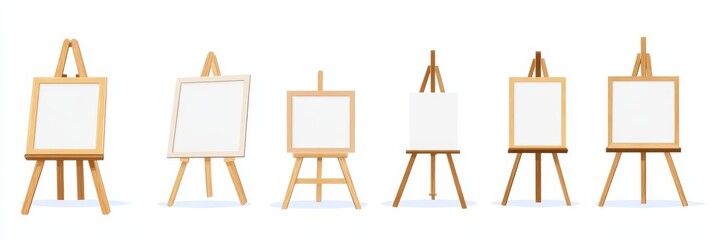 Modern art studio or painting school design elements include a 3D set of easel stands isolated on a transparent background, comprising a realistic wooden tripod with a blank white canvas, depicted