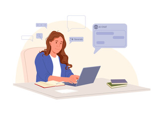 A young woman working on a laptop at her desk, surrounded by AI chat bubbles, communication, and content generation icons. She is in a modern office setting with notebooks and books on the desk, symbo